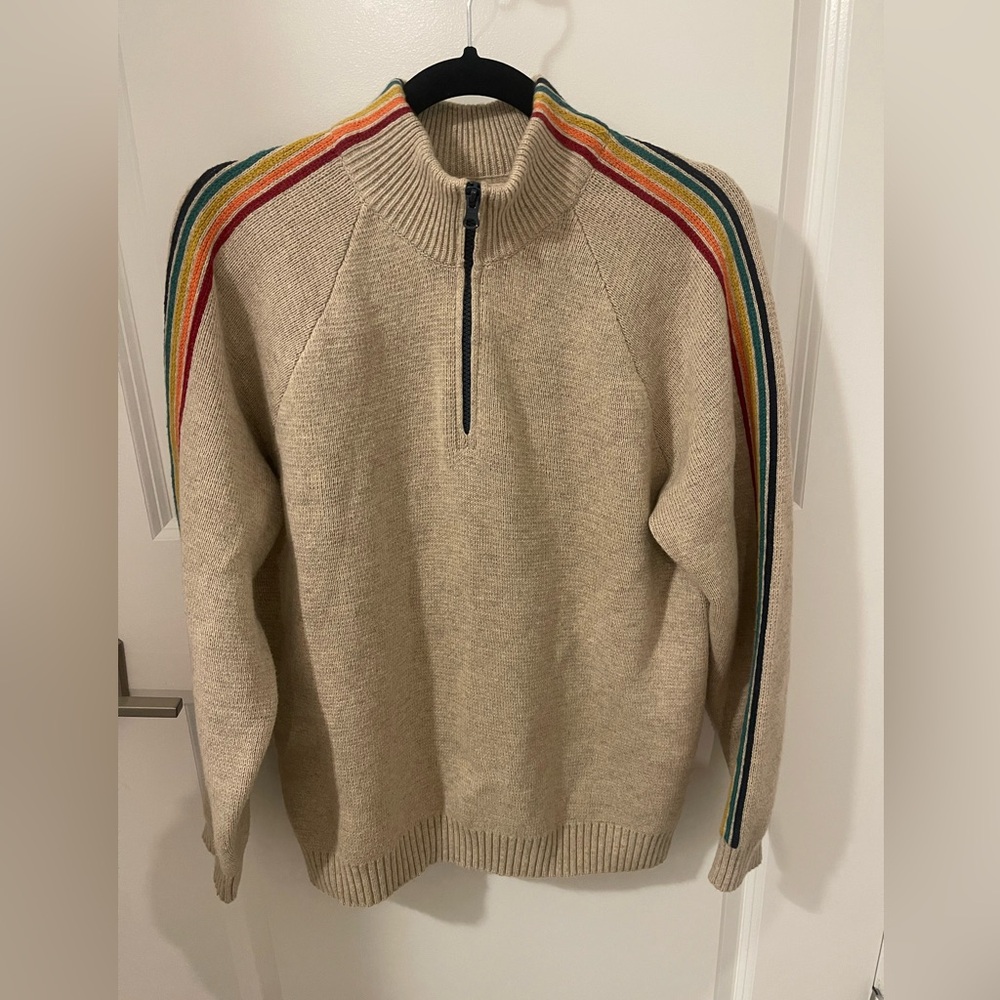 Marine Layer Archive Quarter Zip Sweater Size Small, Colorful Striped Sleeve
